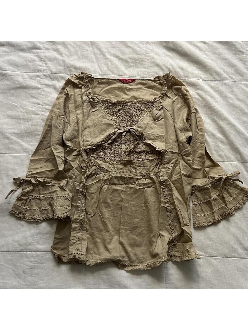 Pink House Tan Beige Cotton Blouse Smocked Lace Ruffle Mori Kei Cottagecore